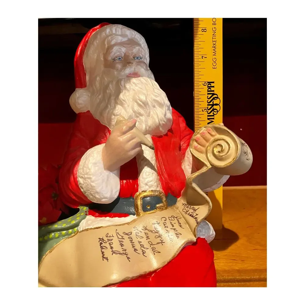 Santa Sitting Decor SANTAS LIST Mantlepiece Poinsettias Vintage‎ Statue Figure